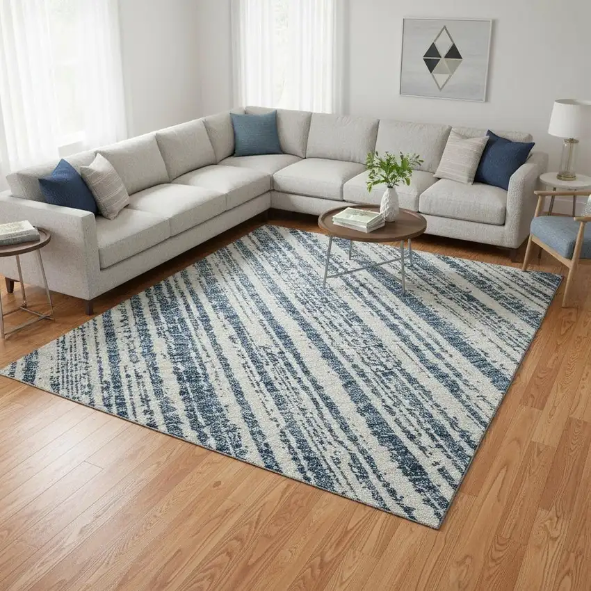 Blue And Ivory Striped Washable Area Rug With UV Protection Photo 2