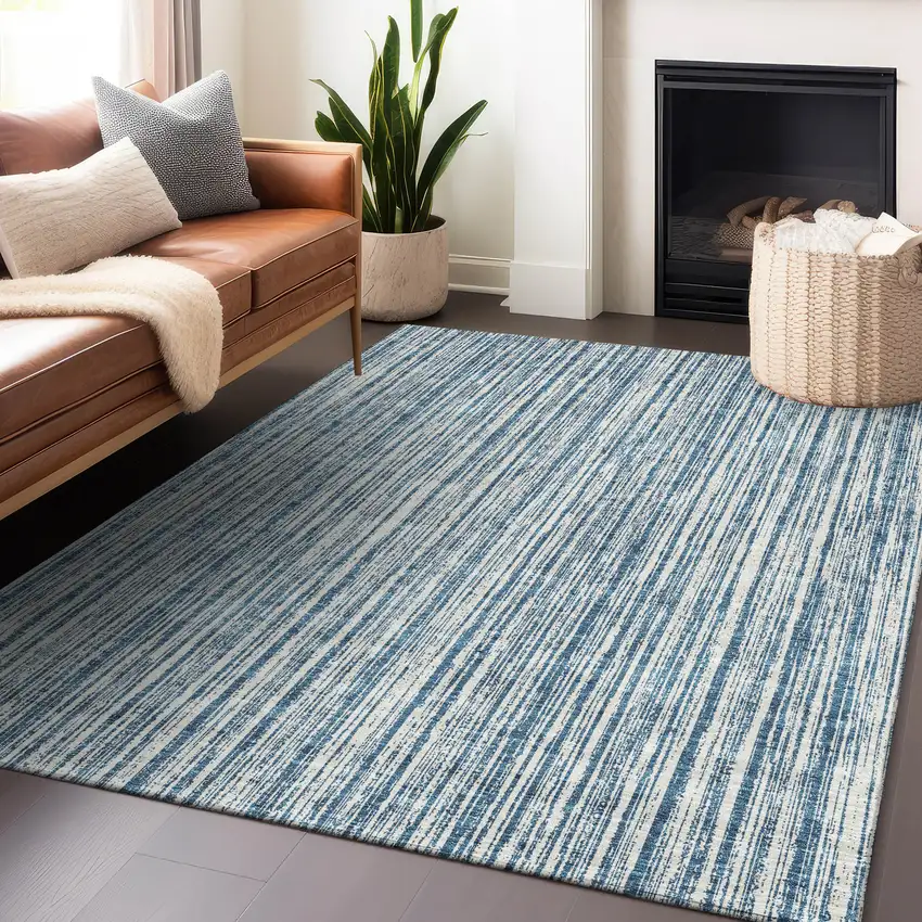 Blue And Ivory Striped Washable Area Rug With UV Protection Photo 5