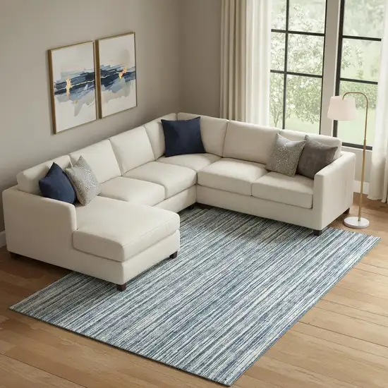 Blue And Ivory Striped Washable Area Rug With UV Protection Photo 1