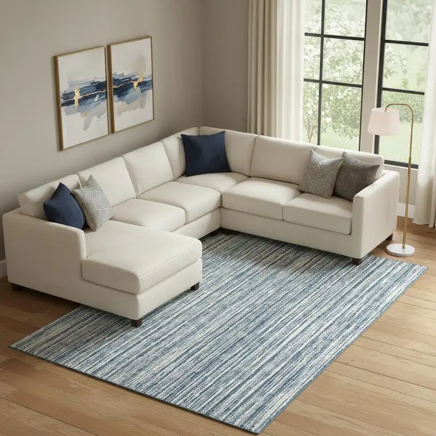 Blue And Ivory Striped Washable Area Rug With UV Protection Photo 1