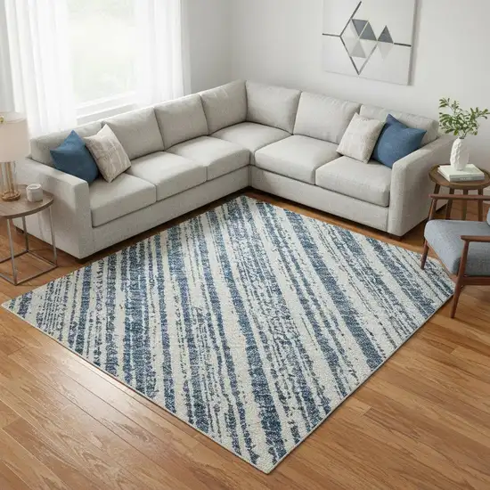 Blue And Ivory Striped Washable Area Rug With UV Protection Photo 2