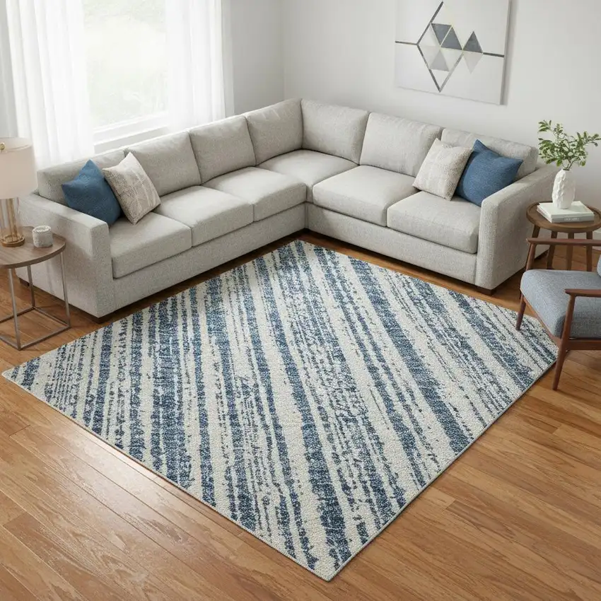 Blue And Ivory Striped Washable Area Rug With UV Protection Photo 2