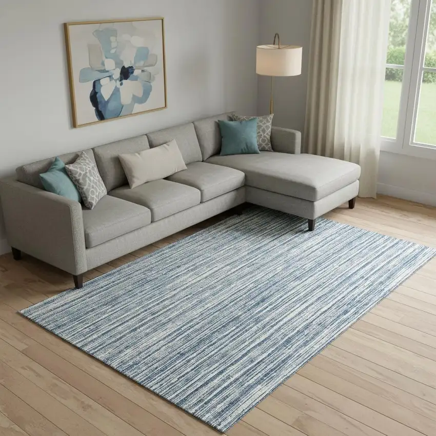 Blue And Ivory Striped Washable Area Rug With UV Protection Photo 1