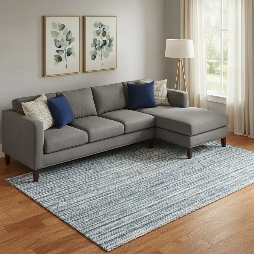 Blue And Ivory Striped Washable Area Rug With UV Protection Photo 1