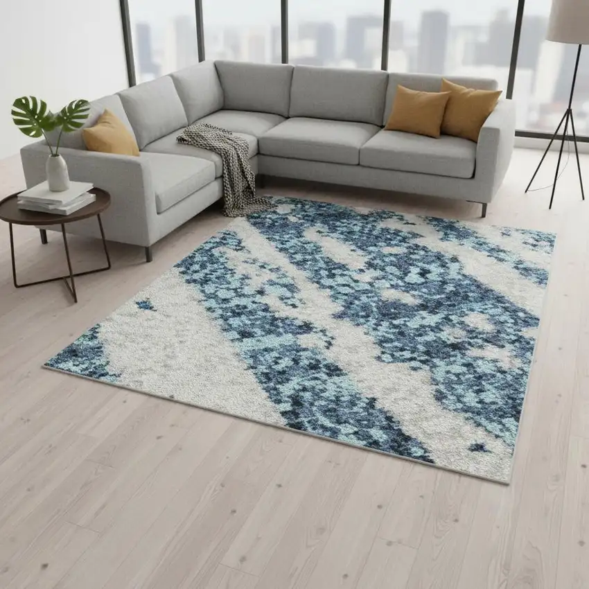 Blue And Ivory Striped Washable Area Rug With UV Protection Photo 2