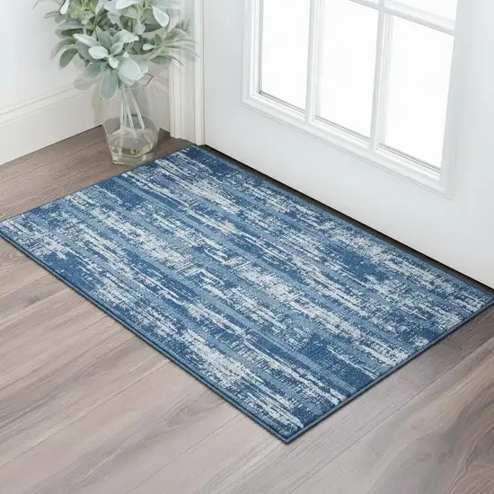 Blue And Ivory Striped Washable Area Rug With UV Protection Photo 2