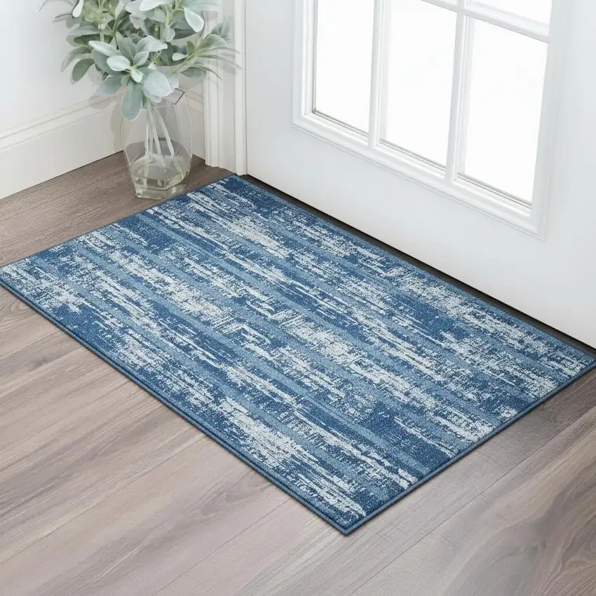 Blue And Ivory Striped Washable Area Rug With UV Protection Photo 2