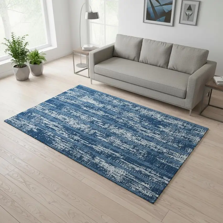 Blue And Ivory Striped Washable Area Rug With UV Protection Photo 2