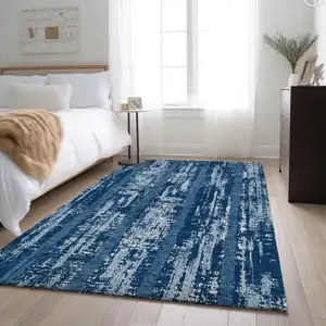 Photo of Blue And Ivory Striped Washable Area Rug With UV Protection