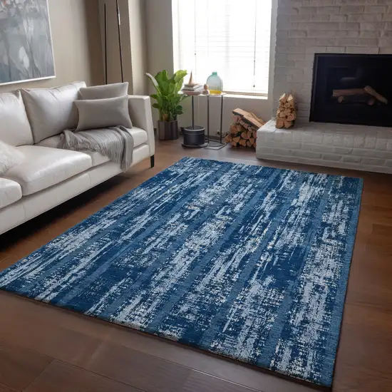 Blue And Ivory Striped Washable Area Rug With UV Protection Photo 6