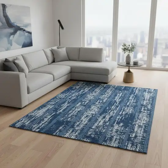 Blue And Ivory Striped Washable Area Rug With UV Protection Photo 2