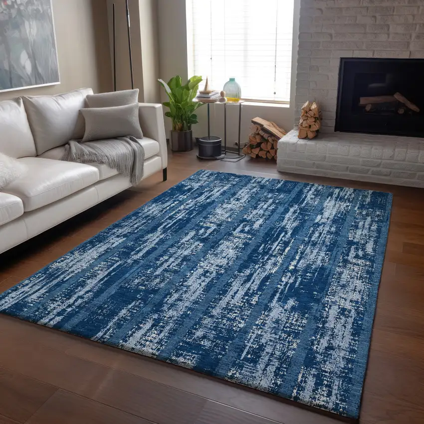 Blue And Ivory Striped Washable Area Rug With UV Protection Photo 6