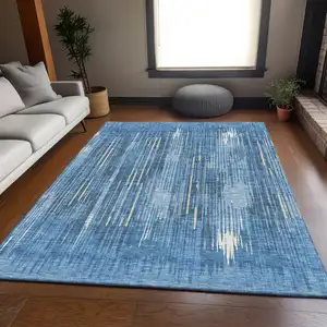 Photo of Blue And Ivory Striped Washable Area Rug With UV Protection