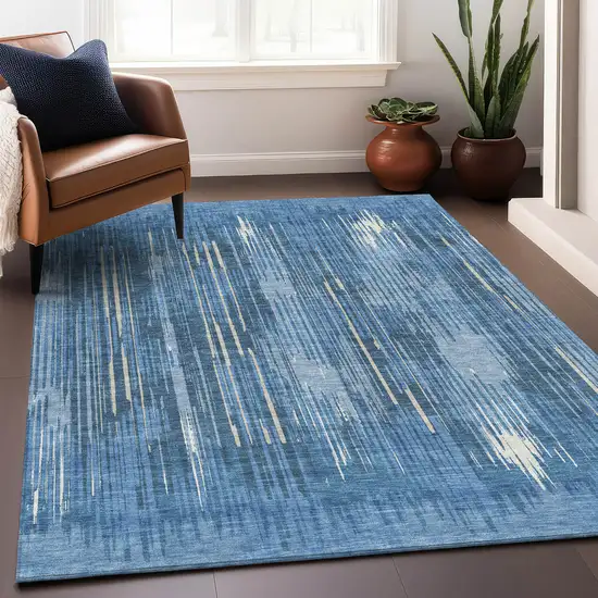 Blue And Ivory Striped Washable Area Rug With UV Protection Photo 2