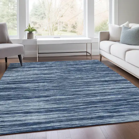 Blue And Ivory Striped Washable Area Rug With UV Protection Photo 5