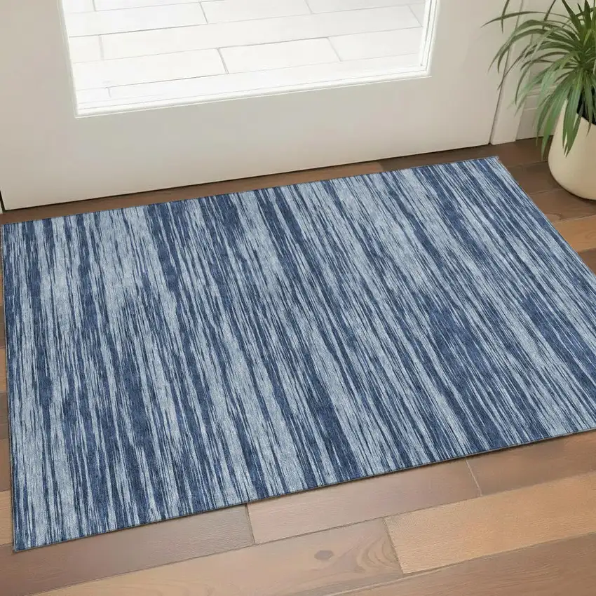 Blue And Ivory Striped Washable Area Rug With UV Protection Photo 1