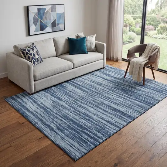 Blue And Ivory Striped Washable Area Rug With UV Protection Photo 1