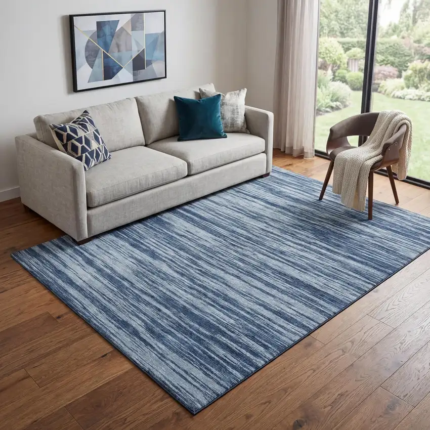 Blue And Ivory Striped Washable Area Rug With UV Protection Photo 1