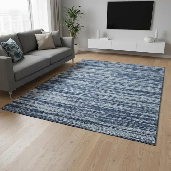 Blue And Ivory Striped Washable Area Rug With UV Protection Photo 2