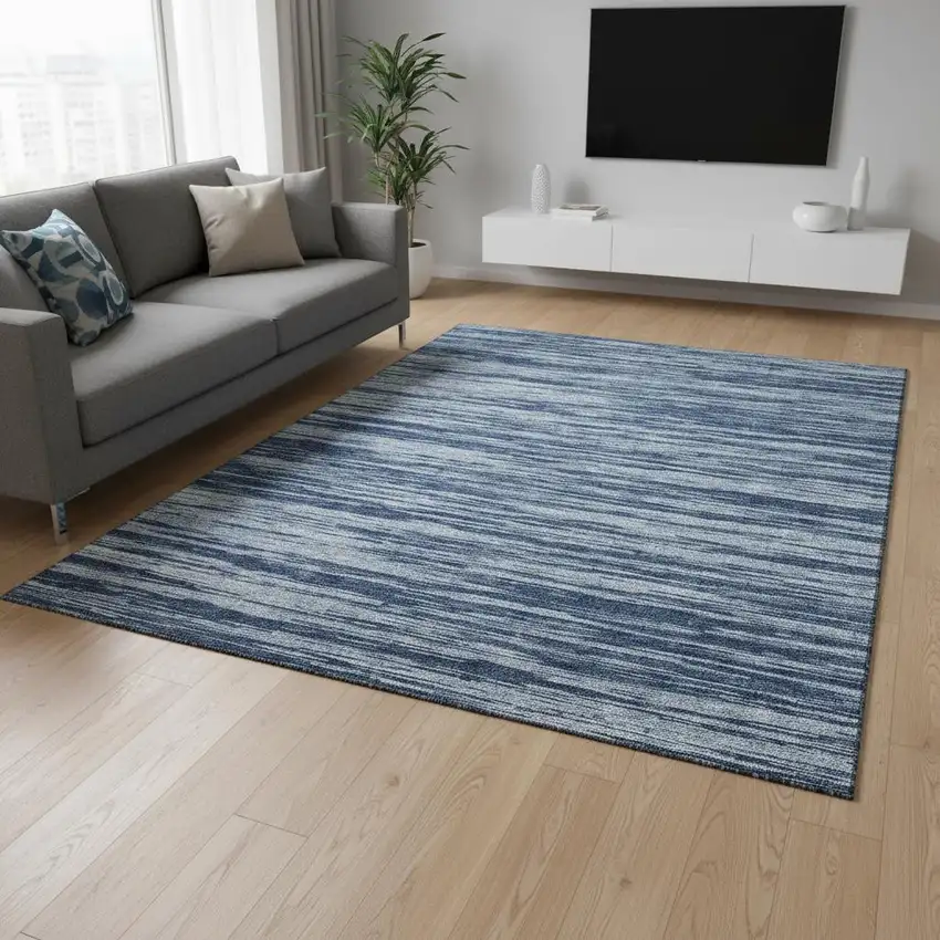 Blue And Ivory Striped Washable Area Rug With UV Protection Photo 2