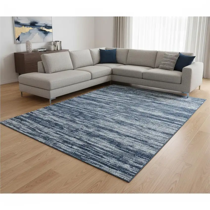 Blue And Ivory Striped Washable Area Rug With UV Protection Photo 2