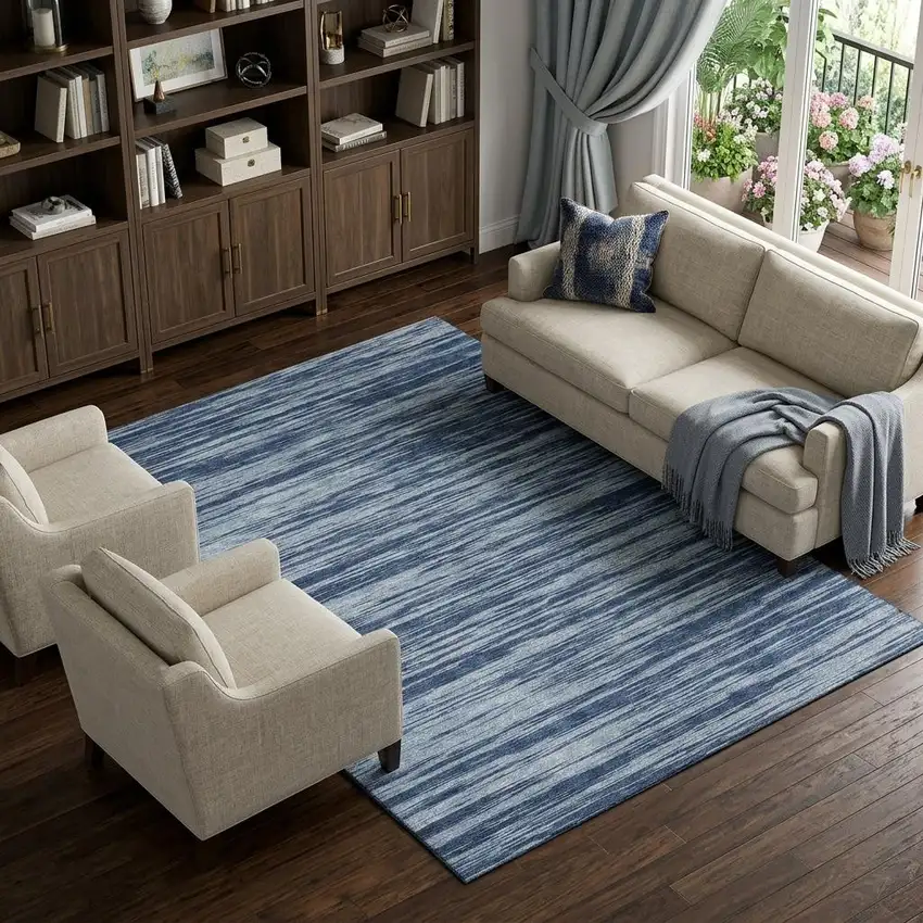 Blue And Ivory Striped Washable Area Rug With UV Protection Photo 1