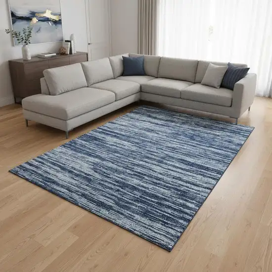 Blue And Ivory Striped Washable Area Rug With UV Protection Photo 2