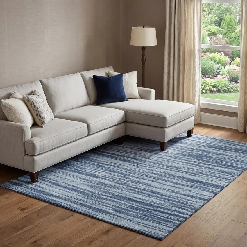 Blue And Ivory Striped Washable Area Rug With UV Protection Photo 1