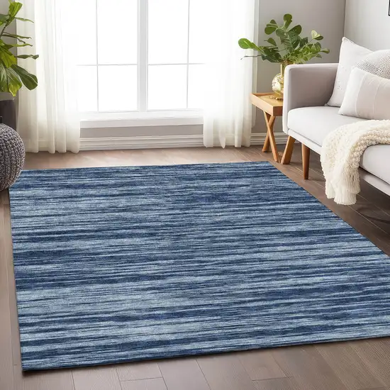Blue And Ivory Striped Washable Area Rug With UV Protection Photo 4