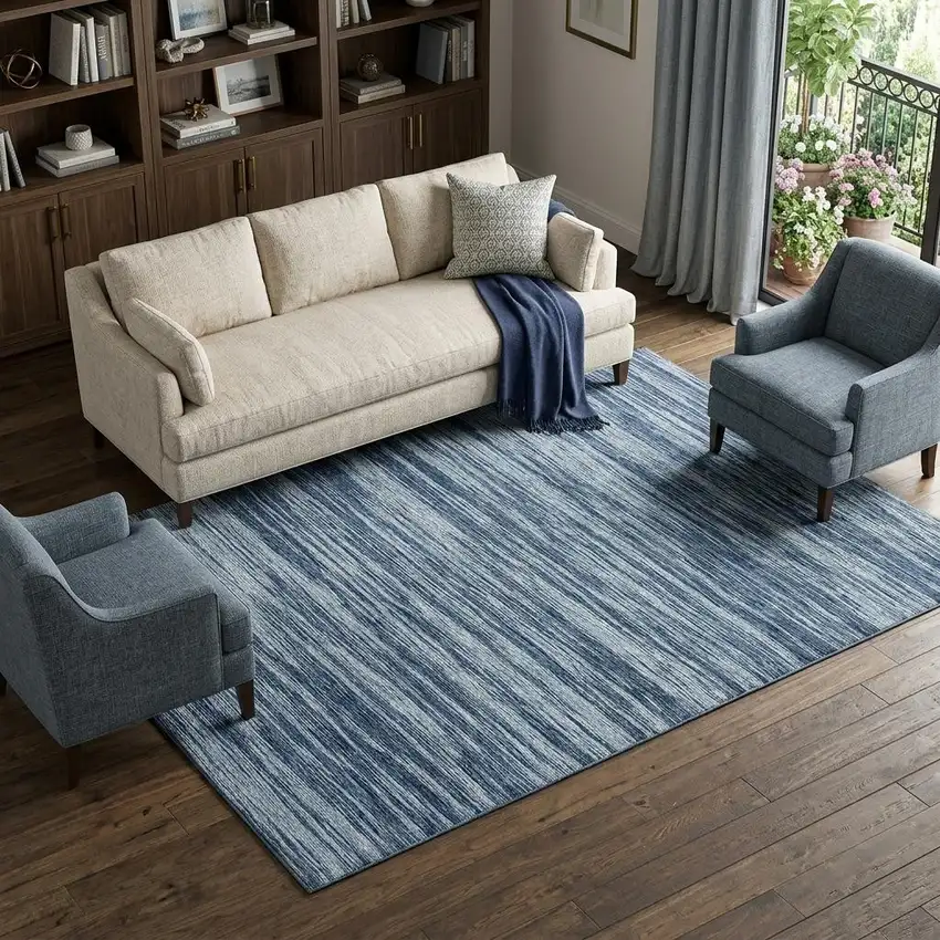 Blue And Ivory Striped Washable Area Rug With UV Protection Photo 1