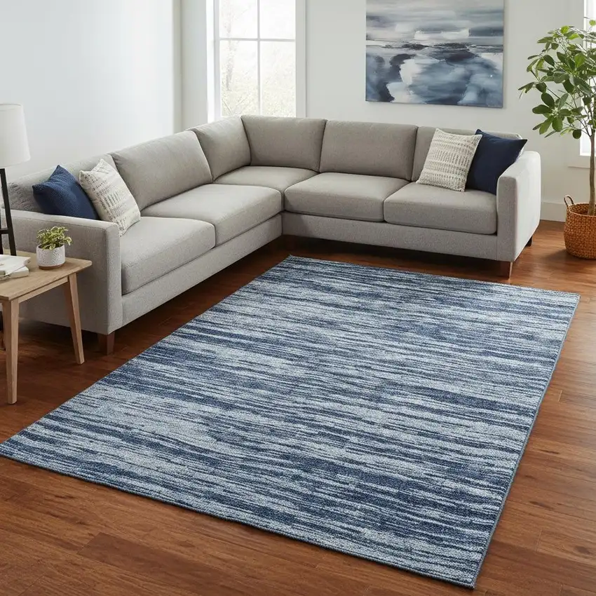Blue And Ivory Striped Washable Area Rug With UV Protection Photo 2