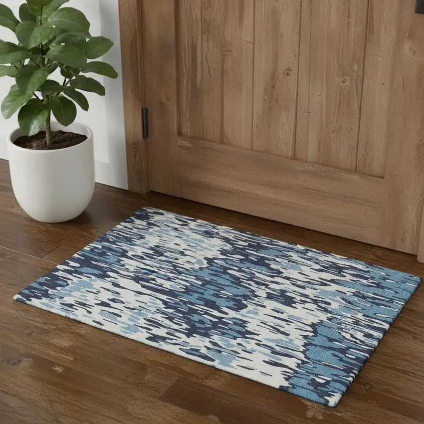 Blue And Ivory Striped Washable Area Rug With UV Protection Photo 1