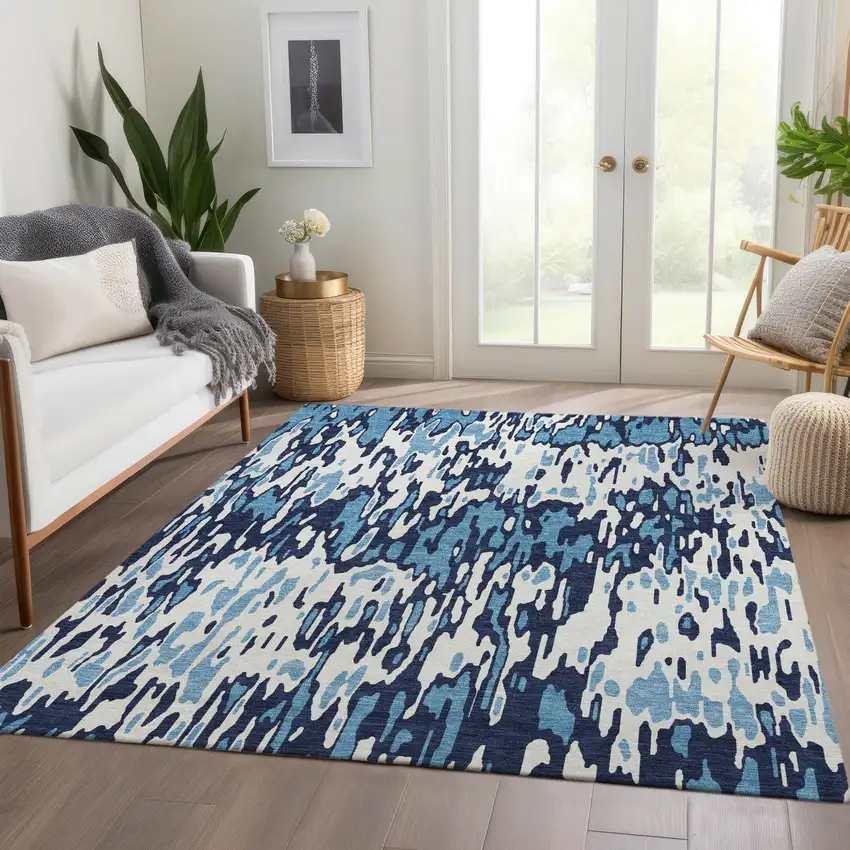 Blue And Ivory Striped Washable Area Rug With UV Protection Photo 4