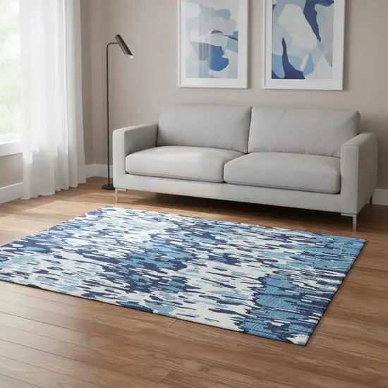 Blue And Ivory Striped Washable Area Rug With UV Protection Photo 2