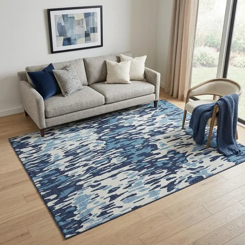 Blue And Ivory Striped Washable Area Rug With UV Protection Photo 1