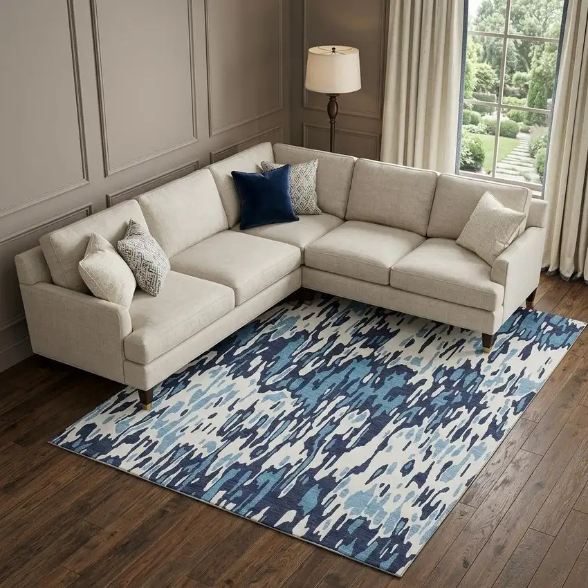 Blue And Ivory Striped Washable Area Rug With UV Protection Photo 1