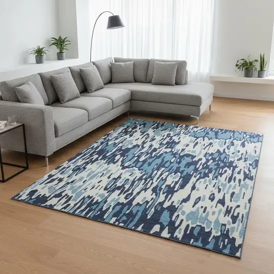 Blue And Ivory Striped Washable Area Rug With UV Protection Photo 2