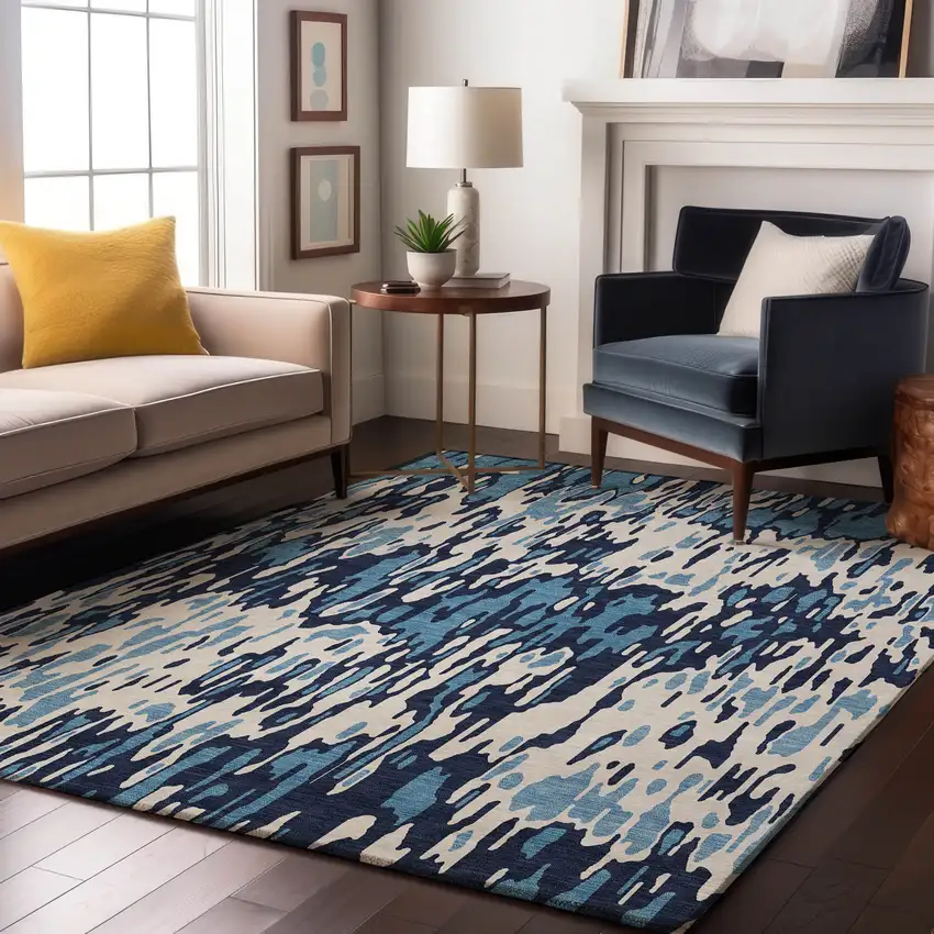 Blue And Ivory Striped Washable Area Rug With UV Protection Photo 4