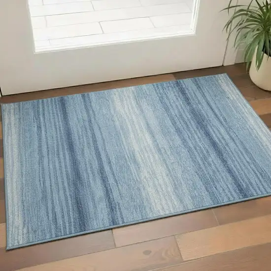 Blue And Ivory Striped Washable Area Rug With UV Protection Photo 2