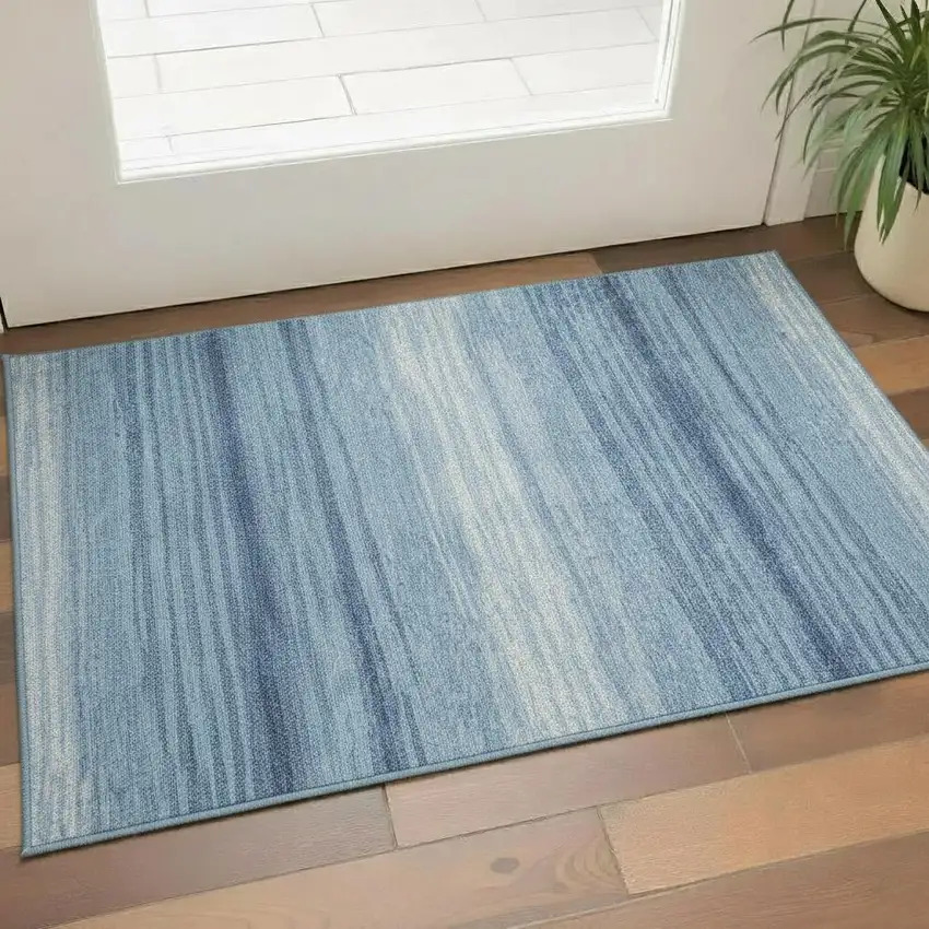 Blue And Ivory Striped Washable Area Rug With UV Protection Photo 2