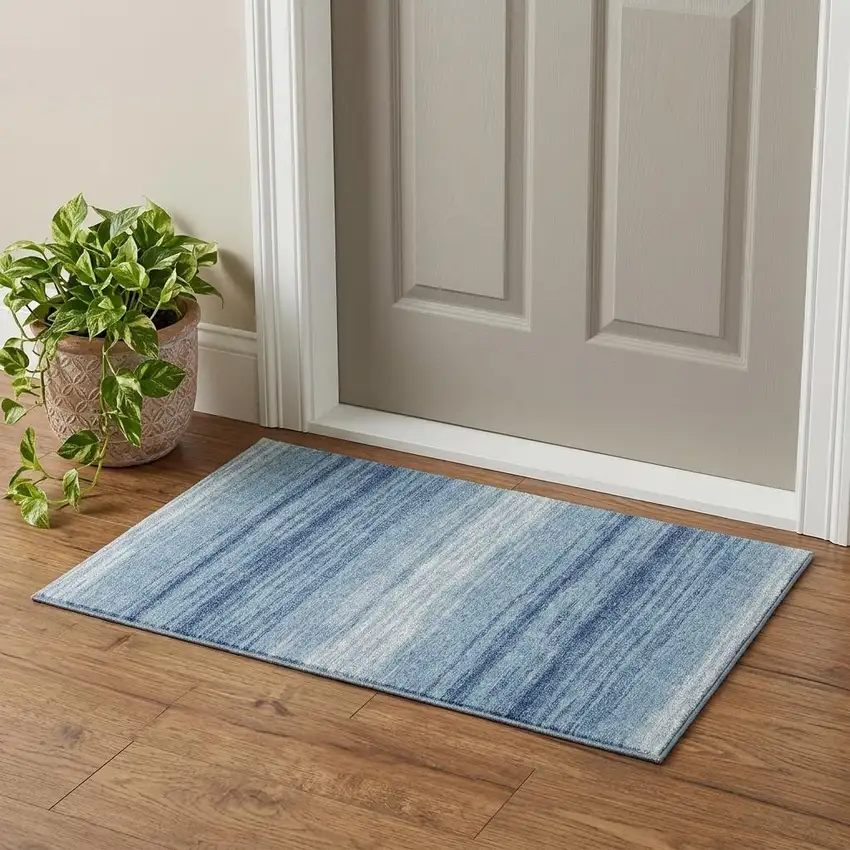 Blue And Ivory Striped Washable Area Rug With UV Protection Photo 1