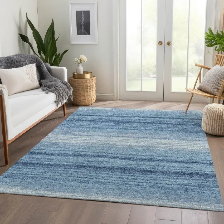 Blue And Ivory Striped Washable Area Rug With UV Protection Photo 4