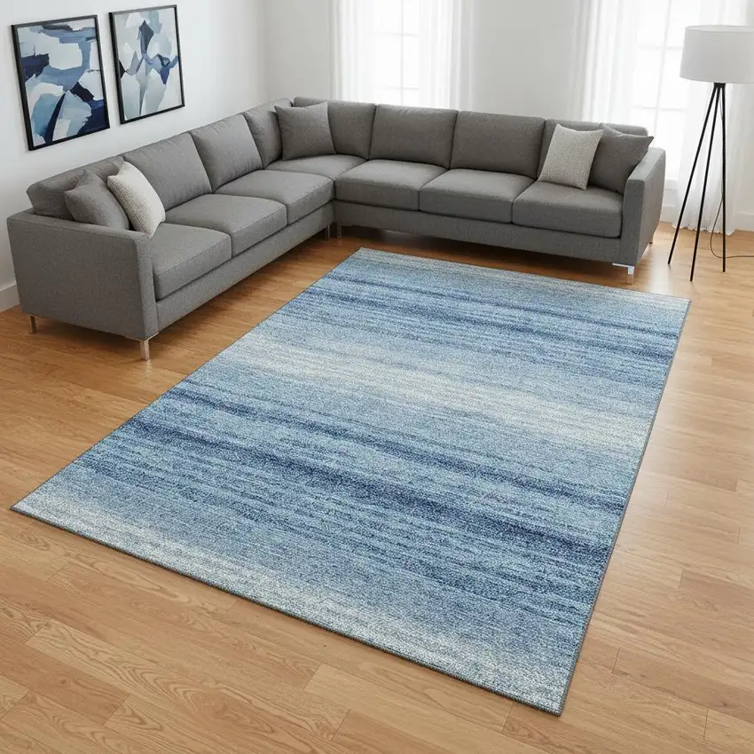 Blue And Ivory Striped Washable Area Rug With UV Protection Photo 1