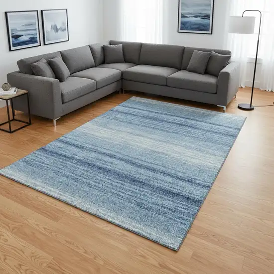 Blue And Ivory Striped Washable Area Rug With UV Protection Photo 2