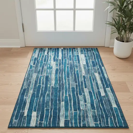 Blue And Ivory Striped Washable Area Rug With UV Protection Photo 2