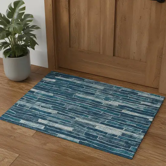 Blue And Ivory Striped Washable Area Rug With UV Protection Photo 1