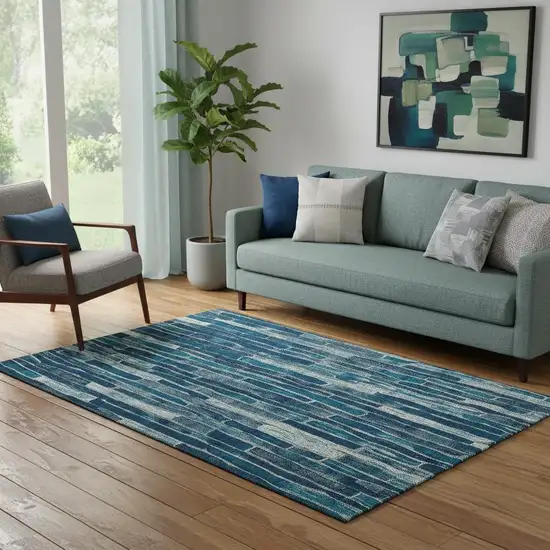 Blue And Ivory Striped Washable Area Rug With UV Protection Photo 2