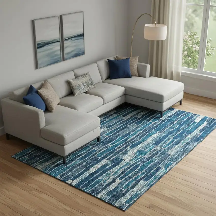 Blue And Ivory Striped Washable Area Rug With UV Protection Photo 2