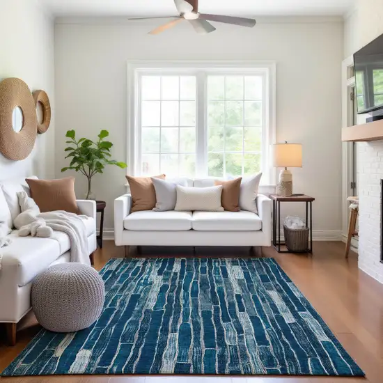Blue And Ivory Striped Washable Area Rug With UV Protection Photo 5