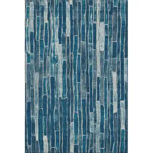 Photo of Blue And Ivory Striped Washable Area Rug With UV Protection